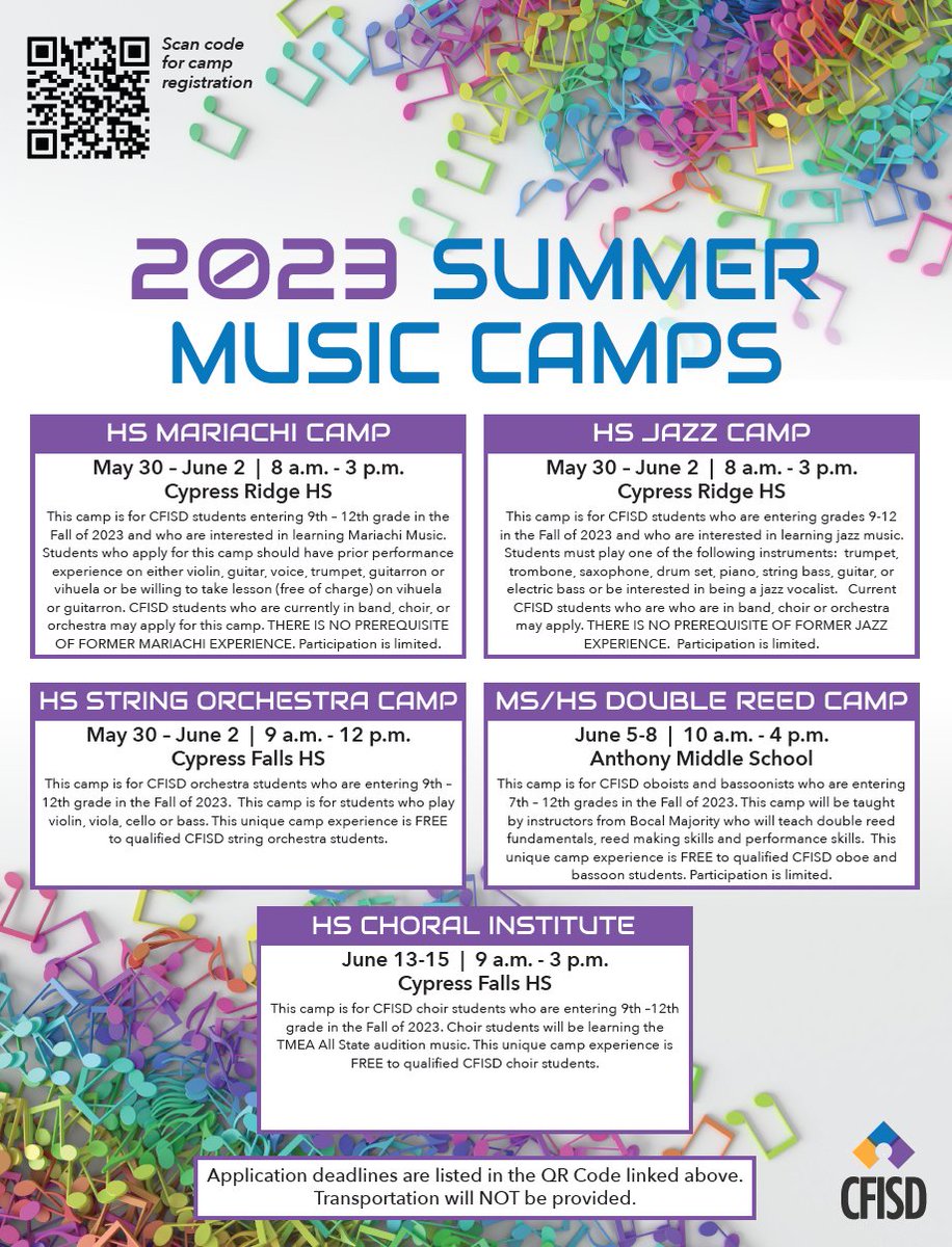 2023 Summer Music Camps are now posted. Register today! Application deadlines are listed on the website: cfisd.net/Page/1737 #CFISDspirit @CFISD_FineArts