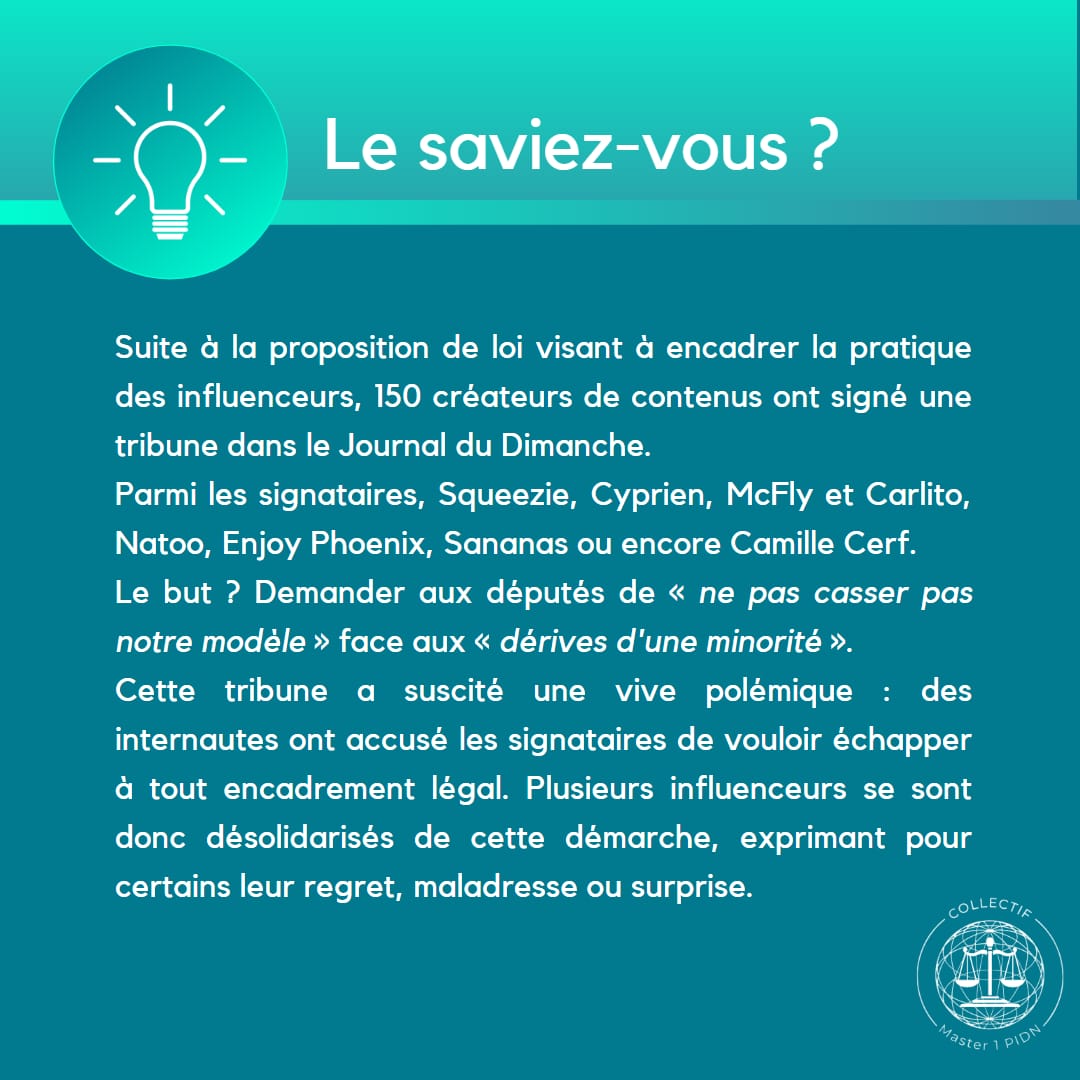Master1_PIDN's tweet photo. 🤳 Voici la réaction de 150 influenceurs face à la proposition de loi visant à lutter contre les dérives des influenceurs sur les réseaux sociaux.

Car on n'en sait jamais trop 🧠

Le Collectif 🌸

#IPIT #IPITfamily #M1PIDN #CollectifIPIT #IP #IT #influenceur #loi https://t.co/OqfreqoR35