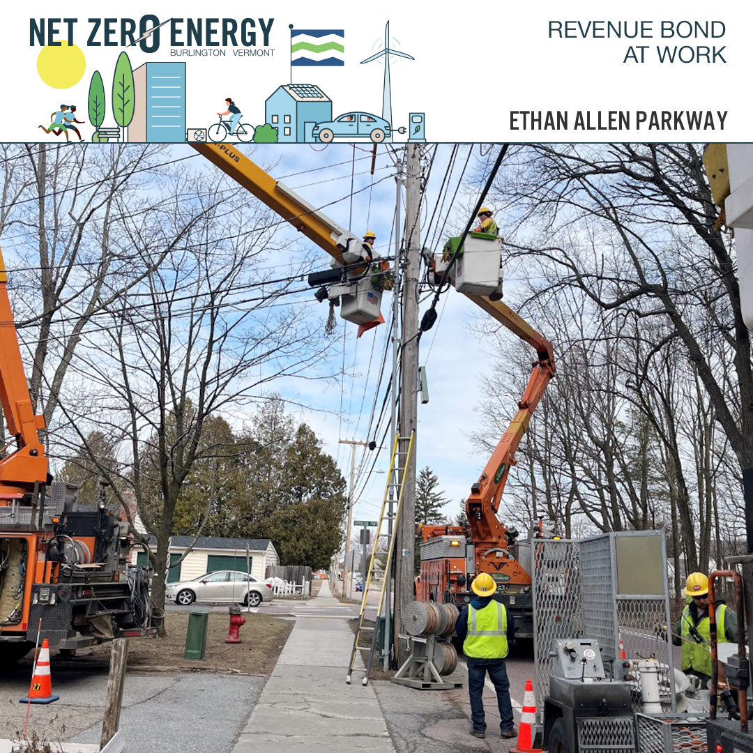 We are putting the #NetZeroEnergy Revenue Bond to work for you. Here is our crew pulling in new conductors on Ethan Allen Parkway. We are increasing the conductor size in preparation for our anticipated increase in load. #nzerb #btv #burlingtonvt #publicpower