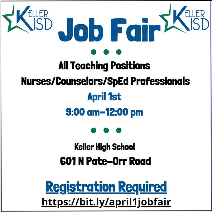 📢 Interested in teaching in KISD? Sign up today to attend our Job Fair this Saturday, April 1, and learn why Keller ISD is the place to be! Register at bit.ly/april1jobfair