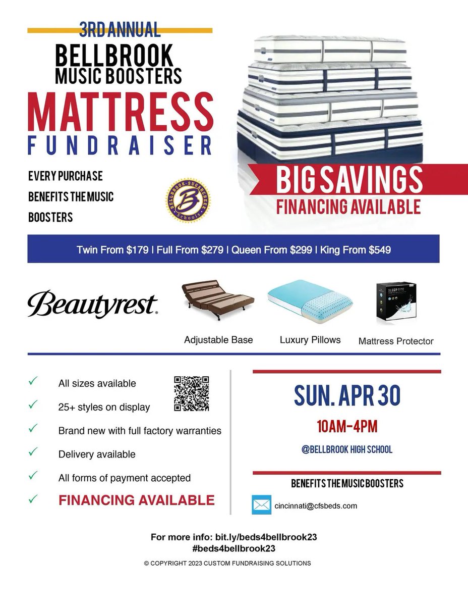 BellbrookBands's tweet photo. Come see us on Sunday, April 30th, 10am-4pm at the HS Main Gym if you need a mattress! Please share and spread the word! https://t.co/wWQSxg4aYx