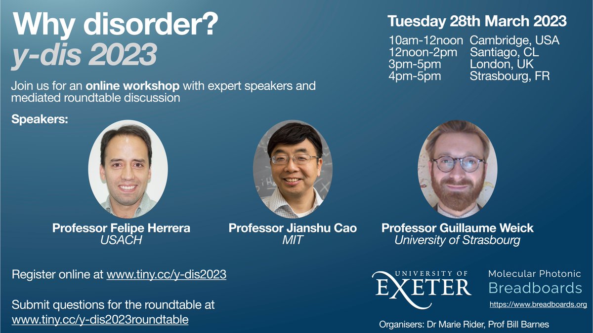 It was a great joy to participate in this focused workshop organized by <a href="/MarieSuzRider/">Marie Rider</a> and Bill Barnes <a href="/UoE_Physics/">University of Exeter Physics and Astronomy</a>. 

I learned plenty from fellow panelists Jianshu Cao and Guillaume Weick at the roundtable/zoom grid discussion about disorder physics and molecular polaritons.