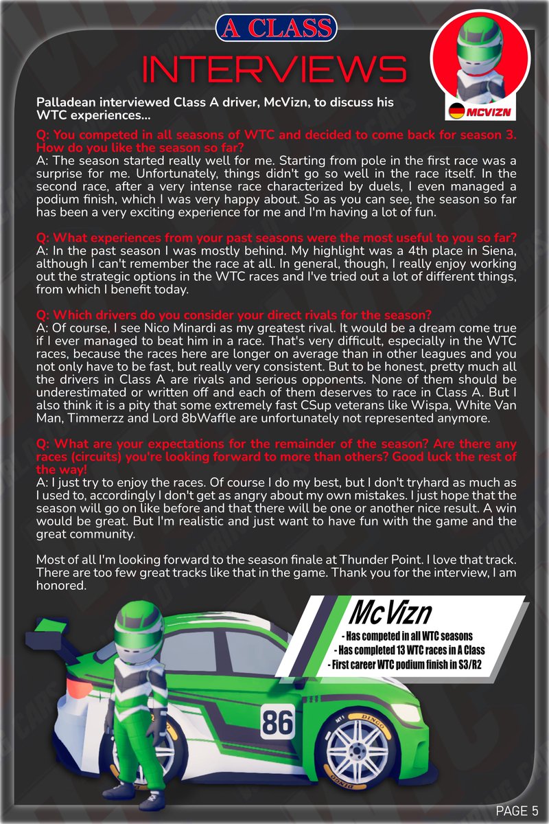 BEEFHAMMA's tweet photo. Pages 5-8 of WTC Weekly Issue 003...Interviews with @mc_vizn, Capt.Beefheart, and Knoopf, as well as a call for more C Class drivers! https://t.co/EBc3xKWwkF