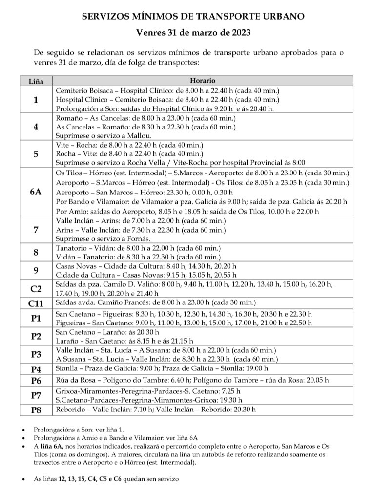 UrbanosSantiago's tweet image. ‼️🚌Servicios minimos el Viernes 31
👉🏼 Líneas con frecuencias y prolongaciones afectadas: 1, 4, 5, 6A, 7, 8, 9, C2, C11, P2, P3, P4, P5, P6 y P7
👉🏼 Lineas suprimidas: 6 (Sustituye 6A), 12, 13, 15, C4, C5 y C6