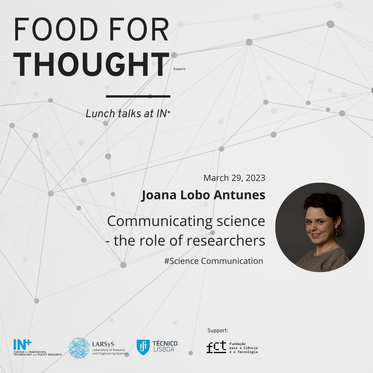 IN3_Research's tweet photo. Today we held a 'Food for Though" session - lunch talks at IN+ - with an excelent presentation by @JoanaLoA about the role of researchers in #ScienceCommunication. Thank you Joana! https://t.co/WCmhTWx6Sh