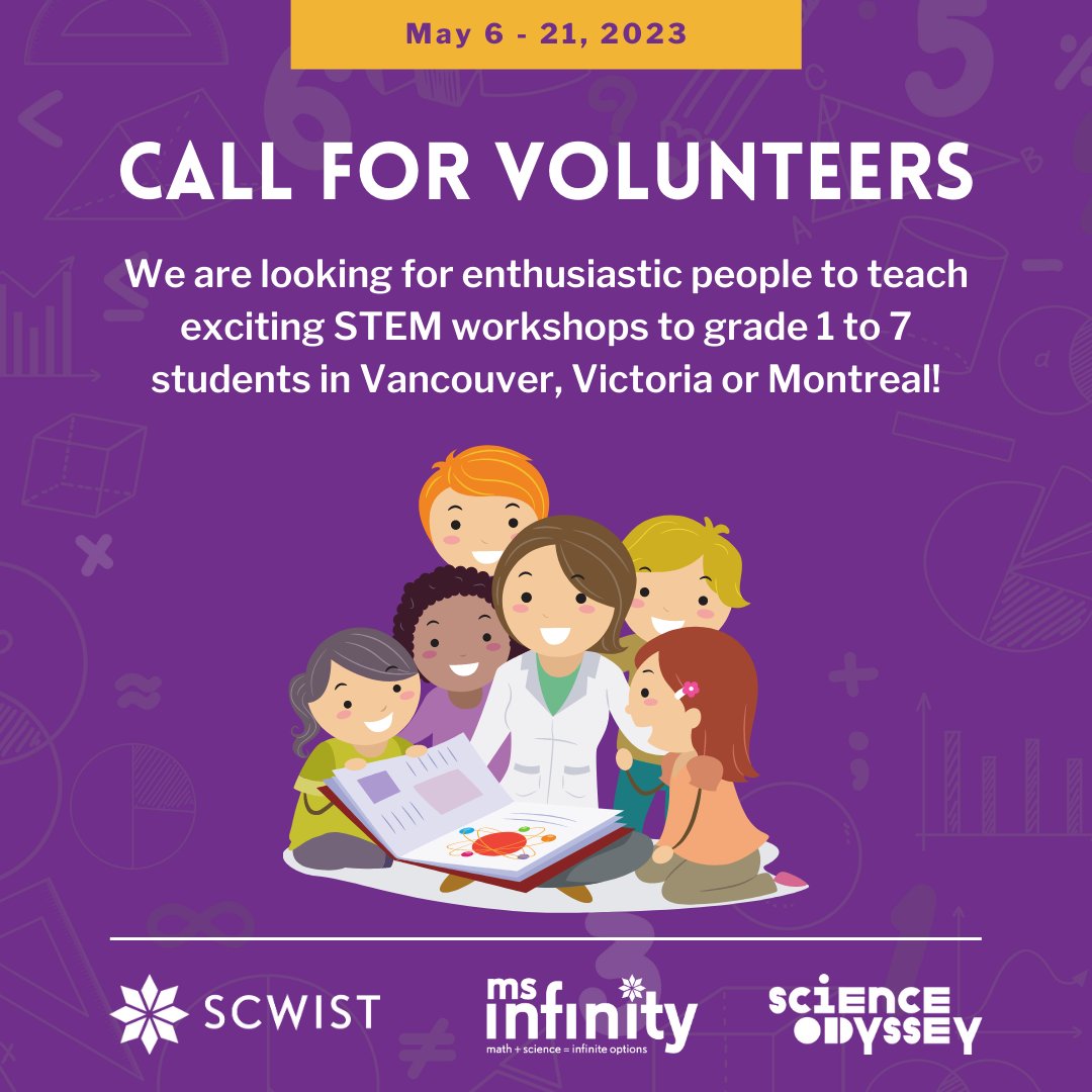 Advancing Women in Engineering and Technology (@womeninengtech) on Twitter photo <a href="/Sci_Od/">Science Odyssey</a> volunteers needed to lead STEM seminars in Vancouver, Victoria, or Montreal! Materials for the workshop, as well as information and transportation, will be provided.
For further information, please contact msinfinity_quebec@scwist.ca <a href="/Sci_Od/">Science Odyssey</a> volunteers needed to lead STEM seminars in Vancouver, Victoria, or Montreal! Materials for the workshop, as well as information and transportation, will be provided.
For further information, please contact msinfinity_quebec@scwist.ca