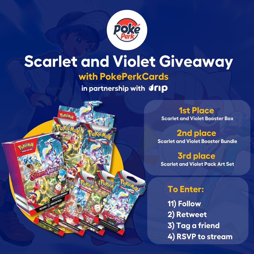 dripshop_live's tweet image. 🚨 GIVEAWAY ALERT 🚨 
Pokémon Scarlet and Violet giveaway! 
Follow ✅
Retweet 🐦
Tag a friend🤵
 RSVP to the stream for a chance to win 📲
 Winner will be announced live on Drip March 31st
#PokemonTCG