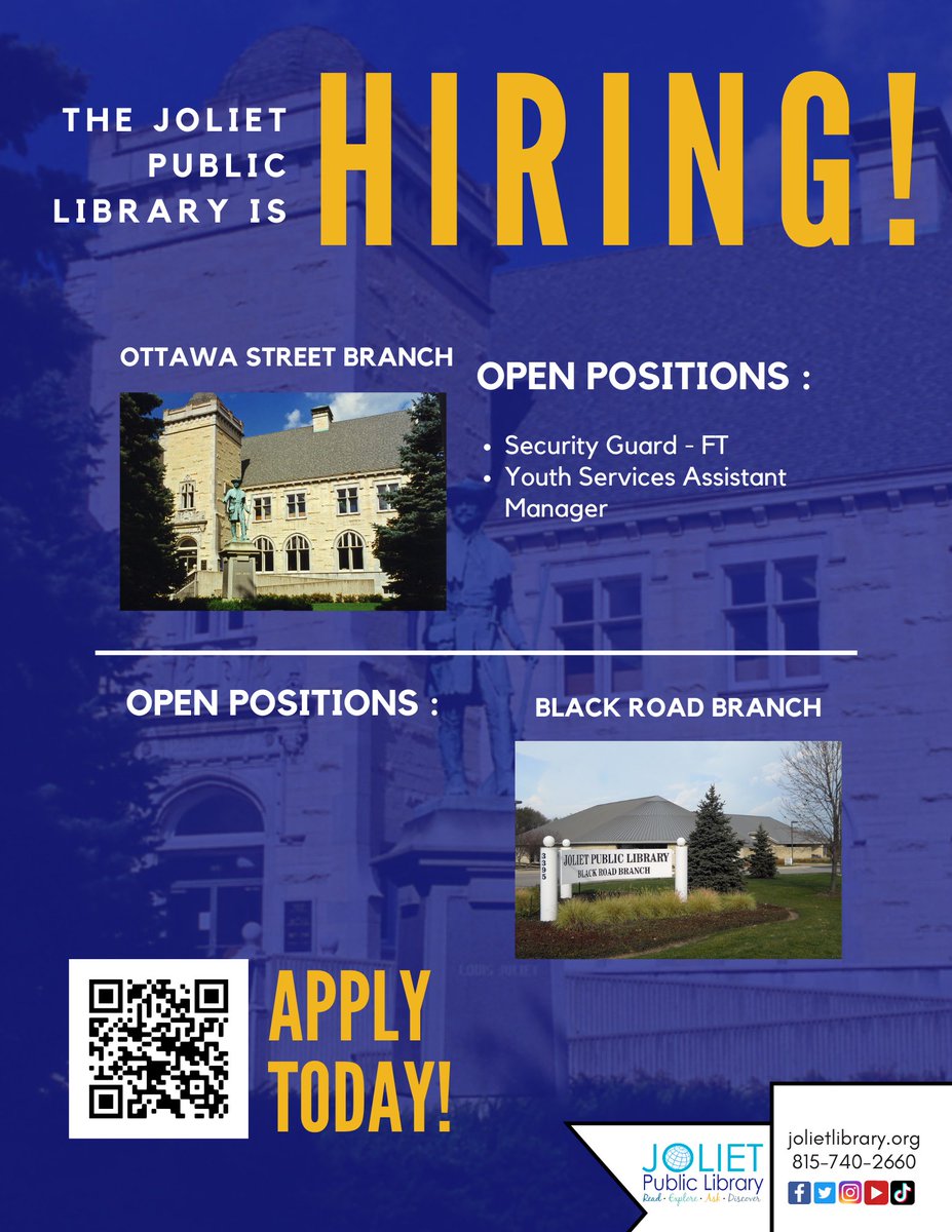 Thinking about applying for a job at the Joliet Public Library? Our application process is now completely virtual, meaning we will no longer utilize paper applications and everything will be done electronically. #jolietlibrary #hiring 😄 jolietlibrary.org/en/about-us/em…