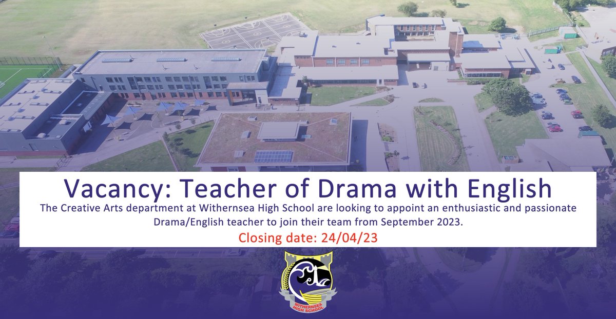 VACANCY: The Creative Arts department at Withernsea High School are looking to appoint an enthusiastic and passionate Drama/English teacher to join their team from September 2023. Closing date: 24/04/23. Find out more: withernseahigh.org.uk/vacancies/teac…