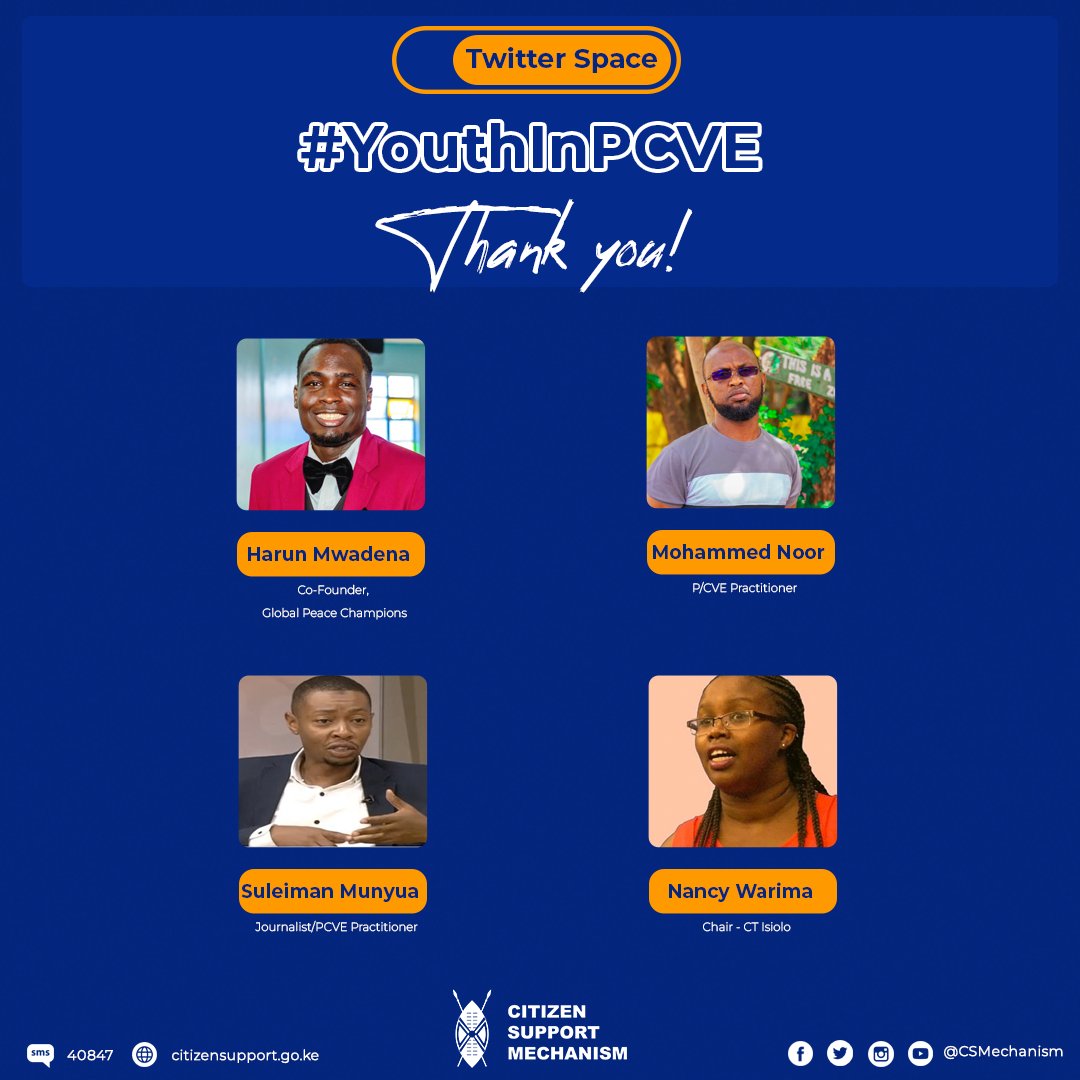 Citizen Support (@csmechanism) on Twitter photo Asanteni sana kwa waliozungumza na waliojumuika nasi jioni ya leo kwenye Twitter Space yetu ya 'Ajenda ya Vijana: Wanasemaje Kuhusu Msimamo Mkali na Ugaidi?'. Tunawashukuru sana!
<a href="/Mwadena003/">#ItsMwadena</a> <a href="/itssoulo/">Motorgarimadness!</a> @mnurferuz <a href="/IAmWarima/">Warima Muggi</a>
#YouthInPCVE Asanteni sana kwa waliozungumza na waliojumuika nasi jioni ya leo kwenye Twitter Space yetu ya 'Ajenda ya Vijana: Wanasemaje Kuhusu Msimamo Mkali na Ugaidi?'. Tunawashukuru sana!
<a href="/Mwadena003/">#ItsMwadena</a> <a href="/itssoulo/">Motorgarimadness!</a> @mnurferuz <a href="/IAmWarima/">Warima Muggi</a>
#YouthInPCVE