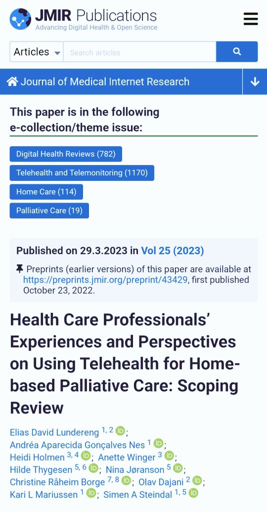 Elias David Lundereng (@eliaslundereng) on Twitter photo Telehealth may facilitate efficient palliative care but is a complex issue. Its succesful use depends on a variety of factors. A lack of acceptance of this way of working is a key barrier to telehealth adoption. Read more in our scoping review in <a href="/jmirpub/">JMIR Publications</a> jmir.org/2023/1/e43429 Telehealth may facilitate efficient palliative care but is a complex issue. Its succesful use depends on a variety of factors. A lack of acceptance of this way of working is a key barrier to telehealth adoption. Read more in our scoping review in <a href="/jmirpub/">JMIR Publications</a> jmir.org/2023/1/e43429