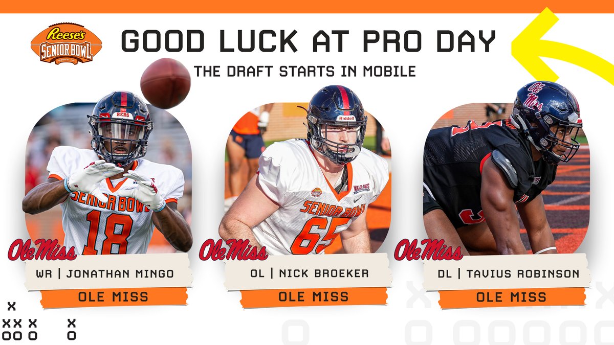 🔵🔴Good Luck at #ProDay to Senior Bowl and <a href="/OleMissFB/">Ole Miss Football</a> alums <a href="/ogmingo1k/">Ogmingo1k</a> , <a href="/NickBro3ker/">Nick Broeker</a> , and <a href="/Taviusrobinson/">Tavius Robinson</a> #HottyToddy #BestOfTheBest #TheDraftStartsInMOBILE™️