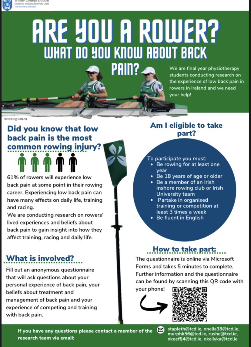 Are you a Rower in Ireland, aged 18+? ☘️🚣‍♀️ Please fill out our questionnaire! We are Final Year Physiotherapy students researching beliefs and behaviours about low back pain in rowers. Link to survey: tinyurl.com/Physiotherapy-…
