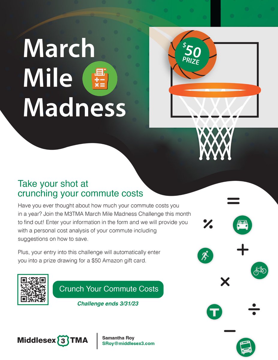 There's still time to crunch those commuting numbers for our "March Madness" transportation contest! 

Register for a chance to win $50 at: forms.office.com/pages/response…

#M3Connect #M3TMA #Route3Corridor #greenyourcommute
