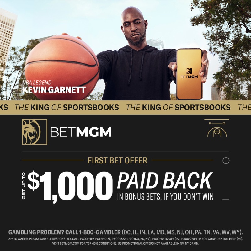 BetMGM's tweet photo. Like K.G. says, "anything is possible" in Titletown! If you don't swish your first NBA bet, you'll still score up to $1,000 back in Bonus Bets.