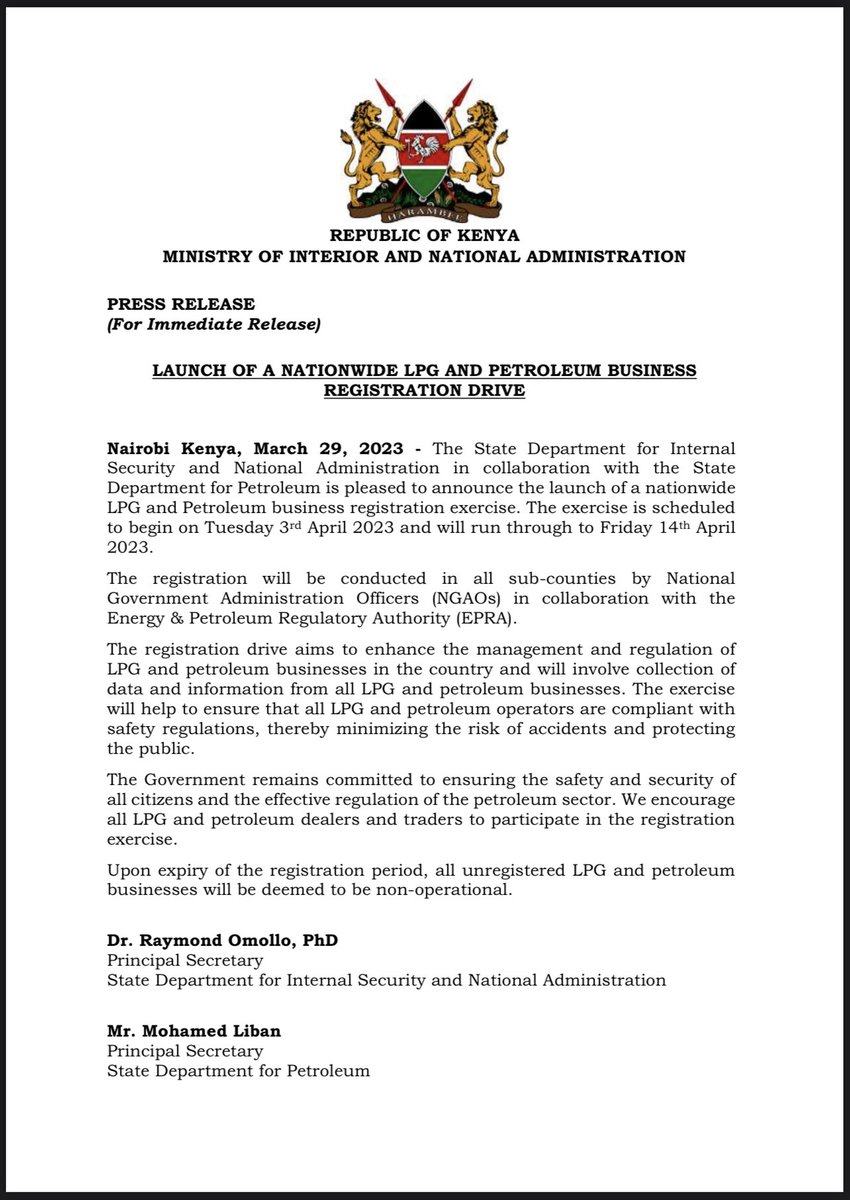 InteriorKE's tweet photo. Launch of a Nationwide LPG and Petroleum business registration drive. https://t.co/758sUOHsU4
