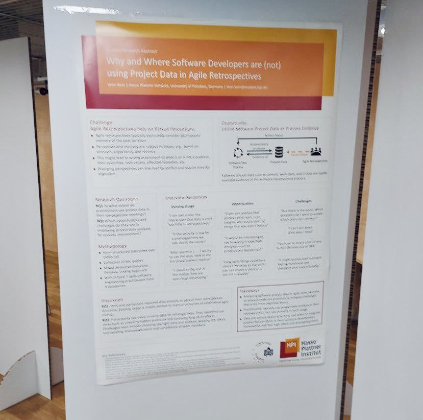 Christoph Matthies | @chrisma@mstdn.social (@chrisma0) on Twitter photo Best of luck to our <a href="/HPI_EPIC/">EPIC Research Group</a> student Leon taking part in the SAC’23 Student Research Competition in Tallinn! 👏
Leon’s research focuses on “Why and Where Software Developers are (not) using Project Data in Agile Retrospectives”
sigapp.org/sac/sac2023/sr… Best of luck to our <a href="/HPI_EPIC/">EPIC Research Group</a> student Leon taking part in the SAC’23 Student Research Competition in Tallinn! 👏
Leon’s research focuses on “Why and Where Software Developers are (not) using Project Data in Agile Retrospectives”
sigapp.org/sac/sac2023/sr…