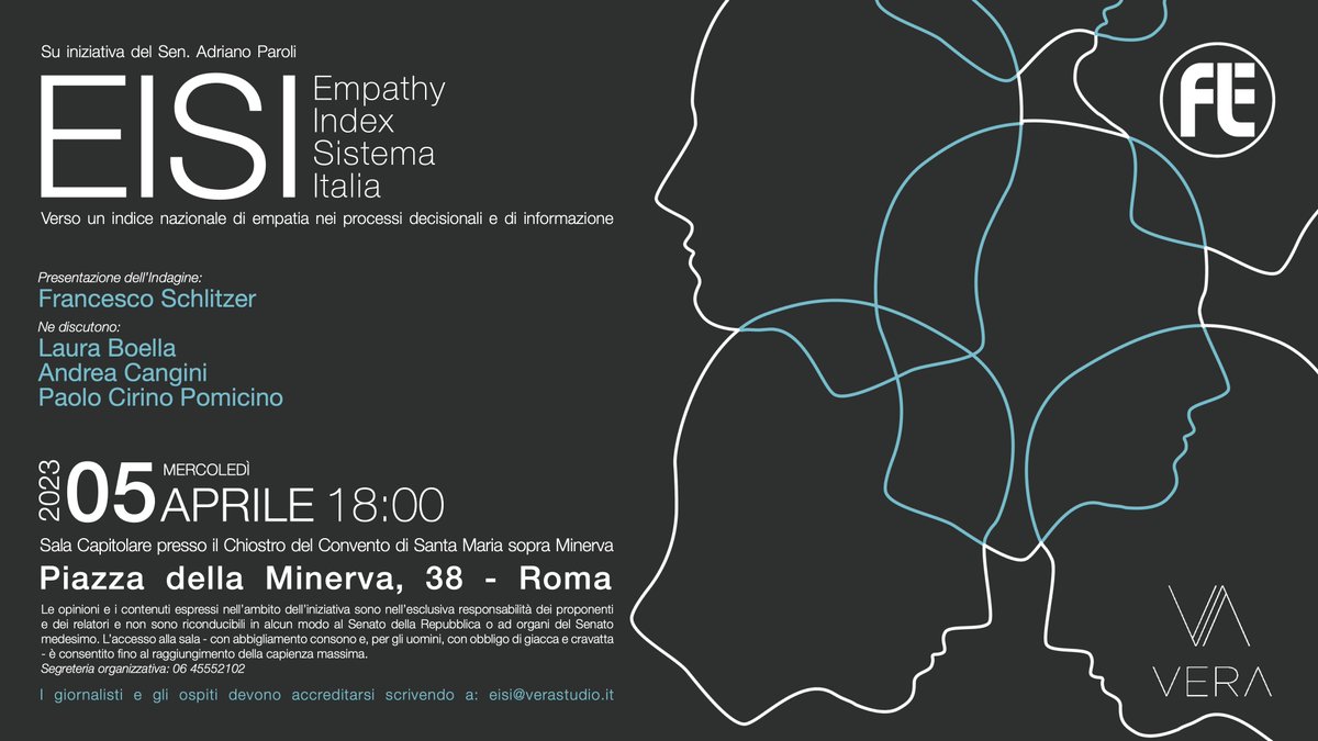 <a href="/fleinaudi/">Fondazione Luigi Einaudi</a> presenterà i #risultati dell’indagine 𝗘𝗜𝗦𝗜 𝗘𝗺𝗽𝗮𝘁𝗵𝘆 𝗜𝗻𝗱𝗲𝘅 𝗱𝗲𝗹 𝗦𝗶𝘀𝘁𝗲𝗺𝗮 𝗜𝘁𝗮𝗹𝗶𝗮 realizzata insieme a <a href="/verastudio_it/">VERA Studio</a> 
Iniziativa del Sen. <a href="/adrianoparoli/">Adriano Paroli</a> 
Con <a href="/andrea_cangini/">Andrea Cangini</a> <a href="/PCirinoPomicino/">P. Cirino Pomicino</a> <a href="/BoellaLaura/">Laura Boella</a> 
Presenta @FraSchlitzer