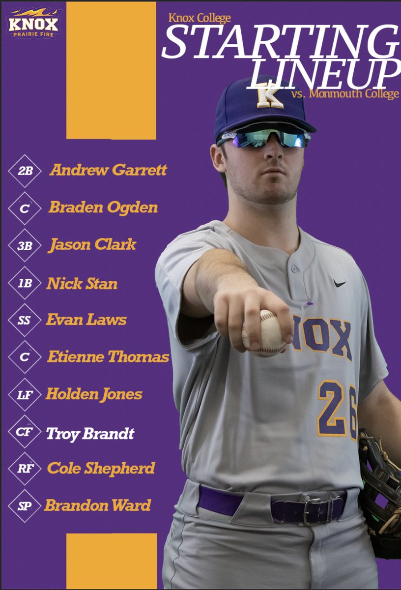 Knox_Baseball's tweet photo. It's Game Time! 12:00pm Start in the 1st Game of the Doubleheader at the Blodge against Monmouth. Brandon Ward gets the start, Freshman Andrew Garrett leads the lineup! https://t.co/mOA30C2zeB