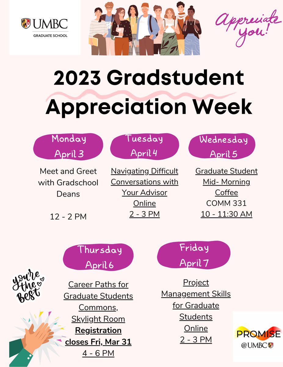 Next week is Graduate Student Appreciation week, and PROMISE is hosting a series of events to celebrate our Graduate Students at UMBC! Visit our Grad Student and Postdoc Development myUMBC group to register!
