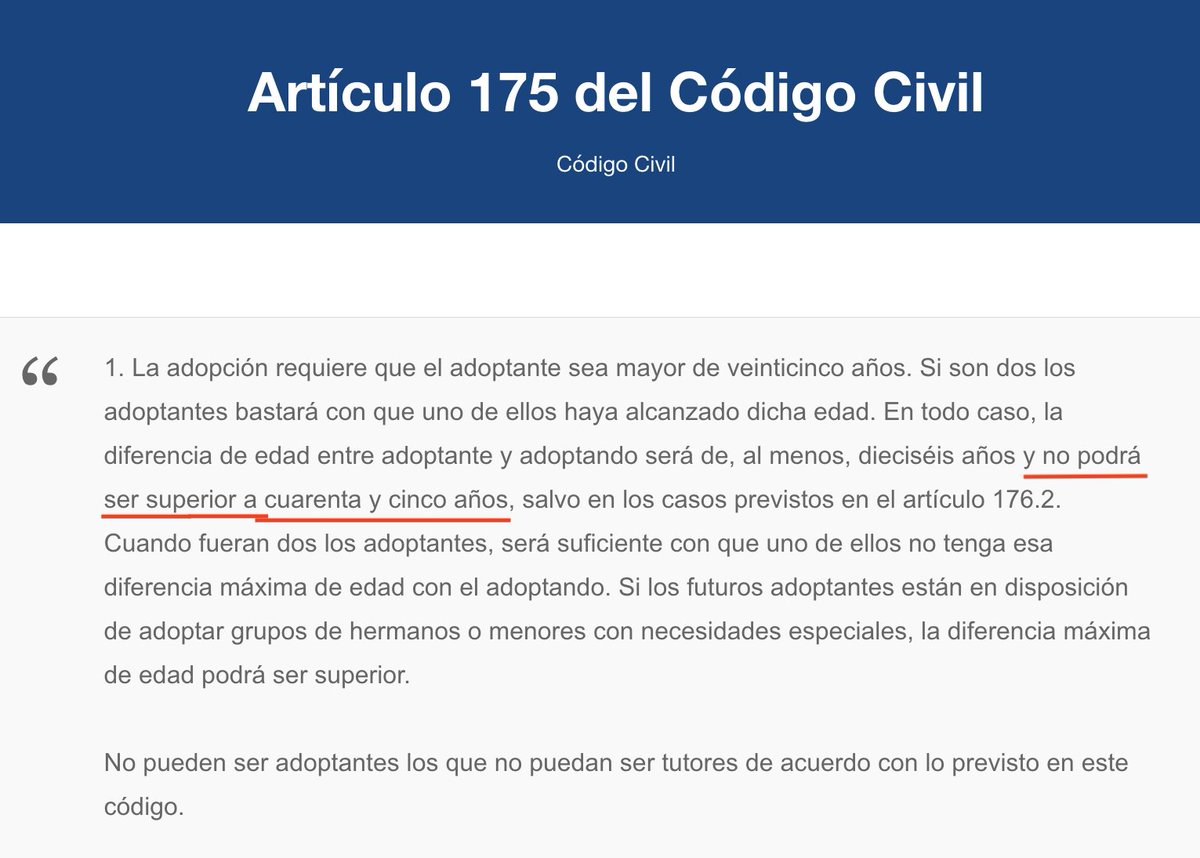 JoaquimBoschGra's tweet photo. 12.- Además, estas prácticas están llevando a eludir las concepciones de nuestra legislación en materia de adopciones. El Código Civil establece que la diferencia máxima de edad entre adoptante y adoptando no puede ser de más de 45 años. https://t.co/uIP9OwsaAz