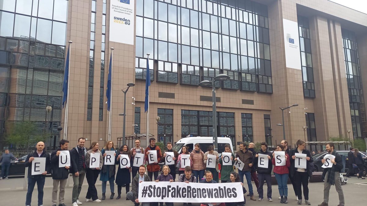 Heute in Brüssel: Umweltorganizationen protestieren vor dem EU-Parlament. @sweden2023eu muss beim #Trilog fair im Namen der EU-Länder verhandeln und sich für die Wälder einsetzen!🌳#StopFakeRenewables 
#BiomassoutofRED