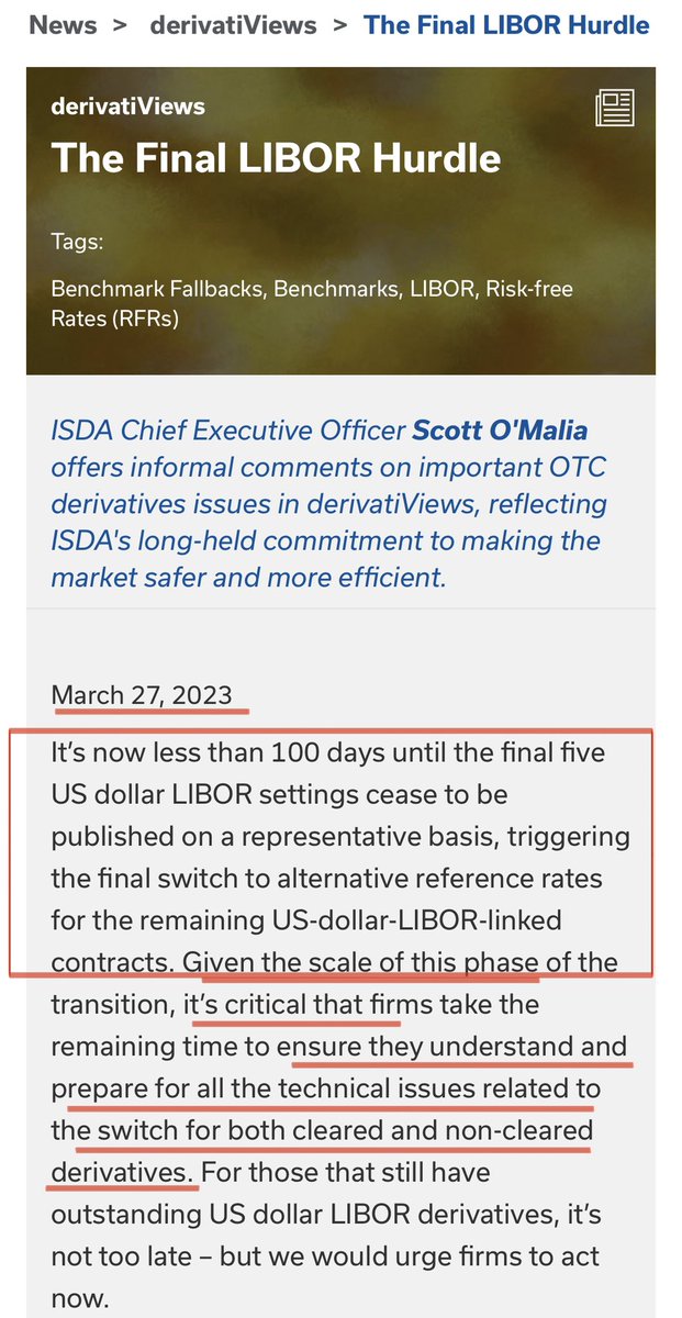 McSqueezyTheCow's tweet image. ISDA

- USD #LIBOR ceases in 100 days
- Firms prepare for difficulties re: cleared/uncleared #derivatives, as USD LIBOR derivatives shift to #SOFR
- USD LIBOR derivatives exceed other currencies
- Many still w/ outstanding non-cleared USD LIBOR positions
 
tinyurl.com/yac6kcue