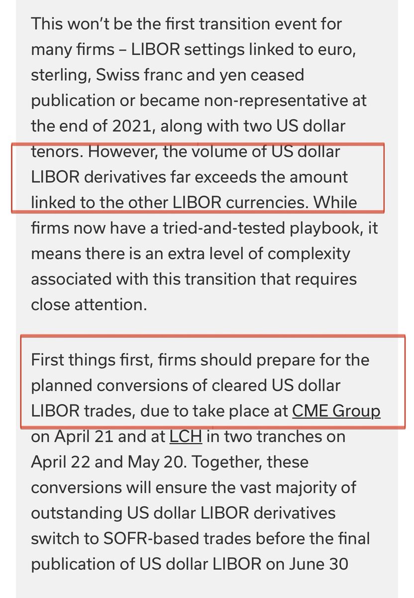 McSqueezyTheCow's tweet image. ISDA

- USD #LIBOR ceases in 100 days
- Firms prepare for difficulties re: cleared/uncleared #derivatives, as USD LIBOR derivatives shift to #SOFR
- USD LIBOR derivatives exceed other currencies
- Many still w/ outstanding non-cleared USD LIBOR positions
 
tinyurl.com/yac6kcue