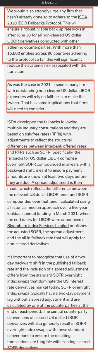 McSqueezyTheCow's tweet image. ISDA

- USD #LIBOR ceases in 100 days
- Firms prepare for difficulties re: cleared/uncleared #derivatives, as USD LIBOR derivatives shift to #SOFR
- USD LIBOR derivatives exceed other currencies
- Many still w/ outstanding non-cleared USD LIBOR positions
 
tinyurl.com/yac6kcue