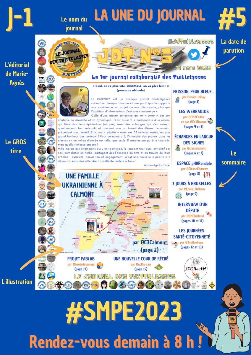 J-1 pour la publication du Journal des TwittClasses.
Découvrez la Une complète de ce 5e numéro ! #JdT2023🗞️
À demain (à 8h) pour pouvoir lire l'ensemble de ce nouveau numéro ! 
#SPME2023 <a href="/LeCLEMI/">CLEMI</a> <a href="/SCOllectif_asso/">SCOllectif 🐘</a>