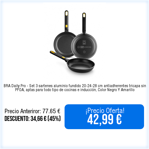 WebPromociones's tweet photo. 🛒📦⬇️Ver en Amazon⬇️📦🛒
https://t.co/ERQ0LArpfc
BRA Daily Pro - Set 3 sartenes aluminio fundido 20-24-28 cm antiadherentes tricapa sin PFOA, aptas para todo tipo de cocinas e inducción, Color Negro Y Amarillo https://t.co/1DE5m2VXrh