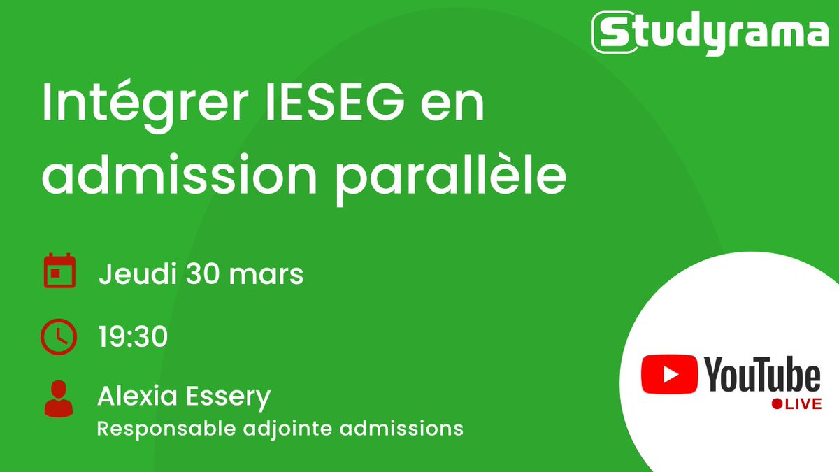 s_grandesecoles's tweet photo. Saviez vous qu'avec un bac+2/3/4 vous pouvez intégrer l'@IESEG ? @alexia_essery vous expliquera tout ce qu'il faut savoir pou rintégrer l'IESEG en admission parallèle . Jeudi 30 mars à 19h30 Youtube @studyrama https://t.co/e2UInA7ARy