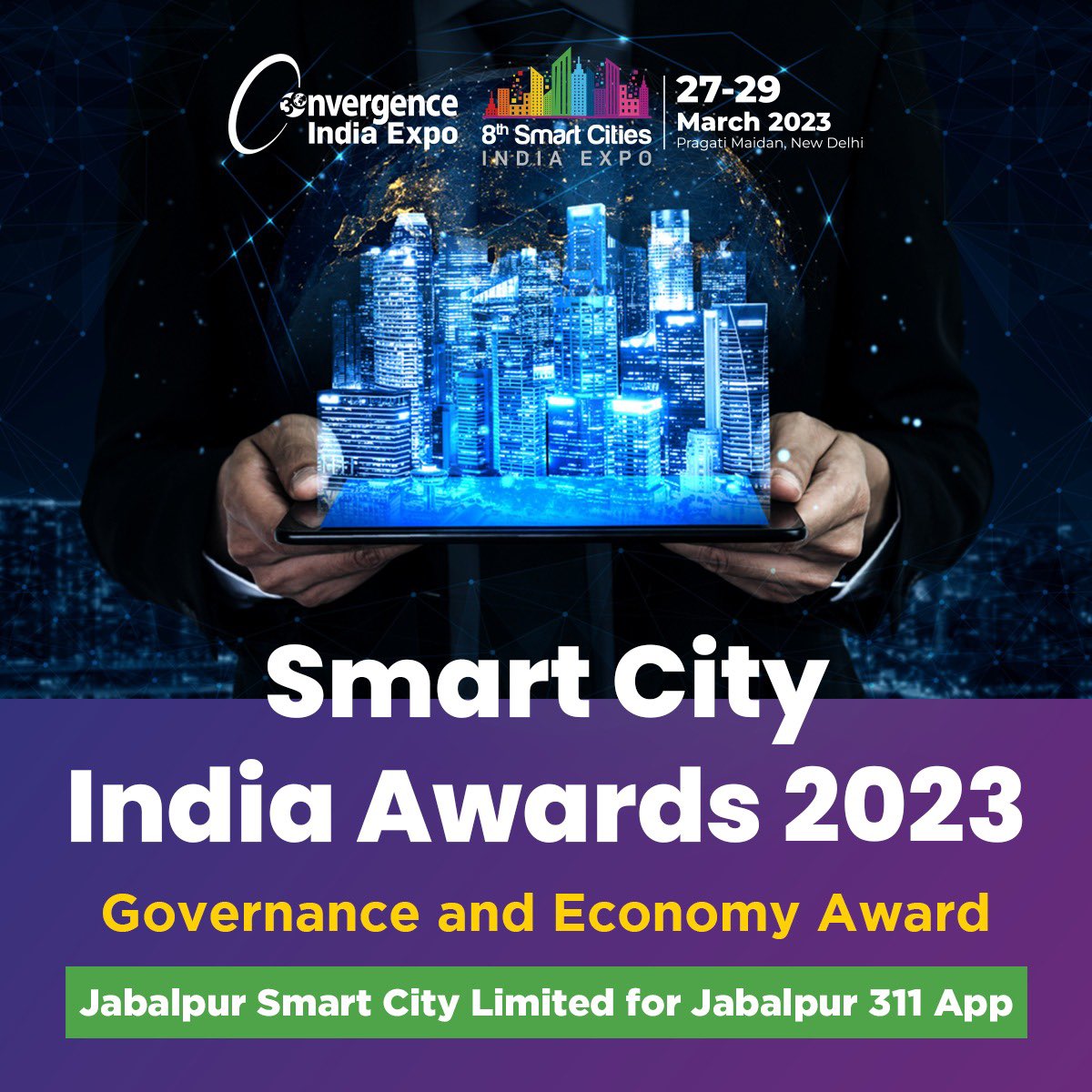 smartcitiesind's tweet photo. We have a winner for the Smart City India Awards 2023 - Governance and Economy Award!

Congratulations to @jscljabalpur on your outstanding work. 🎉 

#SCI2023 #CI2023 #UnlockTheFuture https://t.co/vMy1jvv3tw
