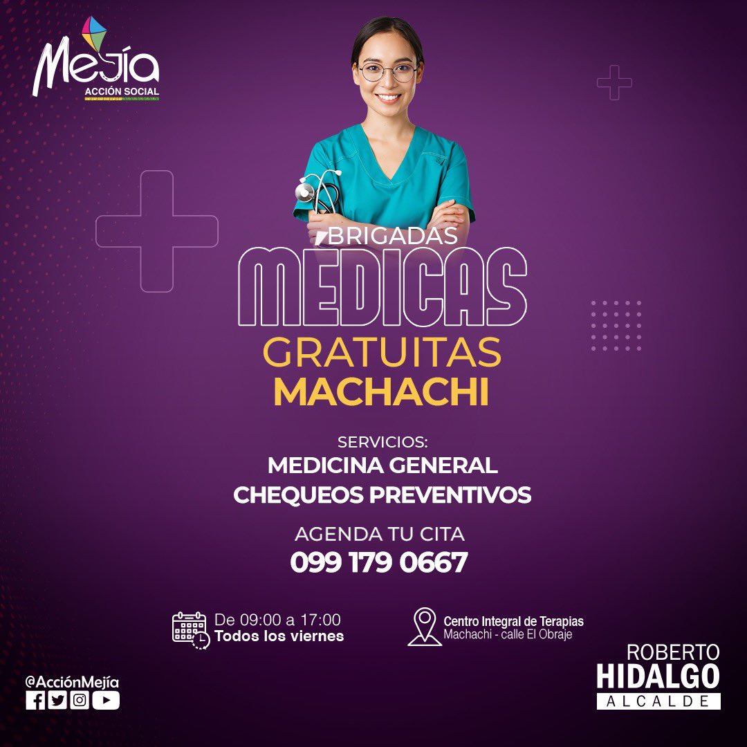 #Machachi 👉 Brigadas médicas GRATUITAS 

🗓 Todos los viernes
⏰ De 09:00 a 17:00
📌Nuevo Centro Integral de Terapias Machachi 

Citas:  099 179 0667
#LoHacemosPorTiMejía 💛💚