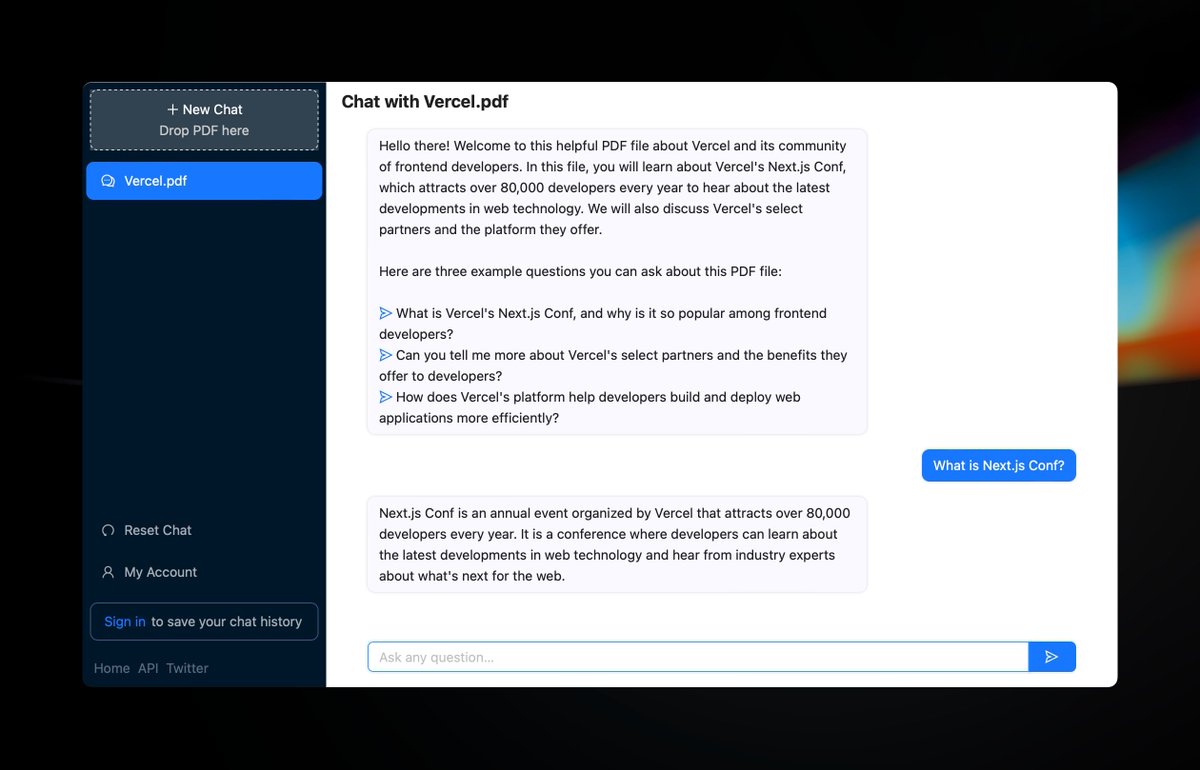 rauchg's tweet image. I'm chatting with a PDF. We've arrived.
chatpdf.com
Built on @nextjs x @vercel by @xathis
