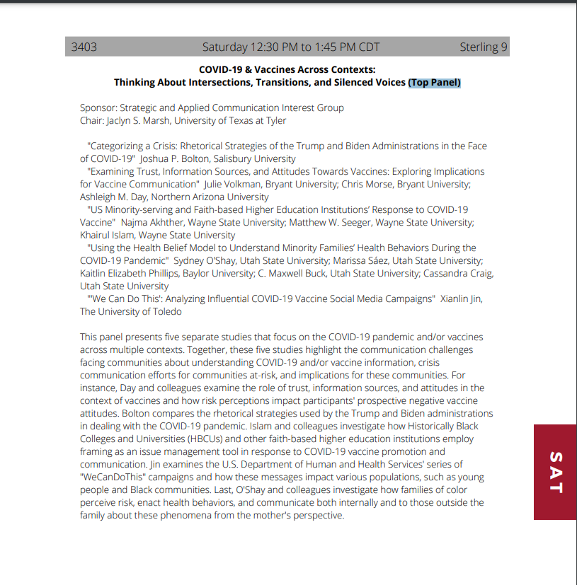 Najmaakhther's tweet photo. Though we were ready to travel for #csca23, we had to cancel it last moment. Happy that one of our papers will be presented in the #toppanel. Thank you Dr. @ProfMattSeeger for presenting our work! #COVID19 #vaccinecommunication #minority #highered @WSUComGrad @KhairulIslam11 https://t.co/vnyHT8IqmG