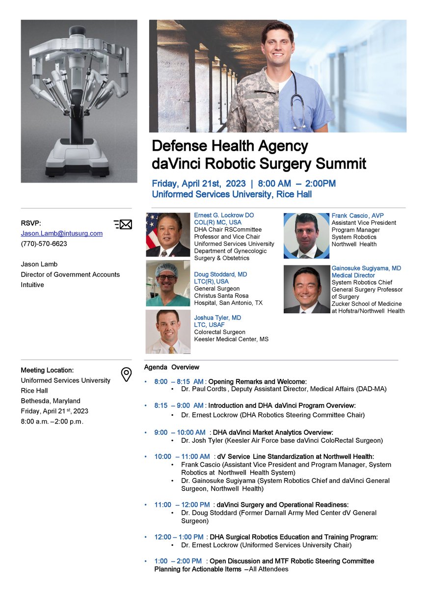 Next month at @USUhealthsci: @DoD_DHA daVinci Robotic Surgery Summit, Friday 21 April 0800 - 1400. Details attached. An excellent #ContinuingEd opportunity for #surgeons. #MedEd #MilMed @AAMCtoday