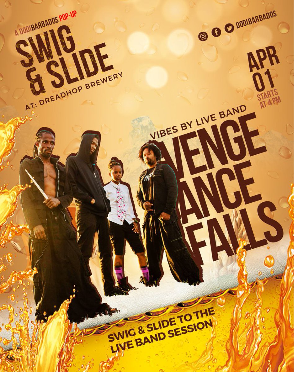 ✅ Sliders Flights 
✅Beer Flights 
✅ "In-flight" Entertainment 

Loading...Vengeance Falls

Band Time: 7pm
April 1st,2023 
Dreadhop Brewery
Gibbons, Ch Ch

#dodibarbados #dodidining #poboymeats #poboydishes #dreadhopbrewery #dreadhoptaproom #dreadhopbrewing