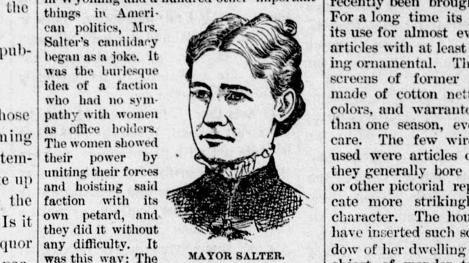 Detail from a newspaper featuring a portrait illustration of Suzanna Salter, mayor of Argonia, Kansas in 1887. Caption reads: Mayor Salter.