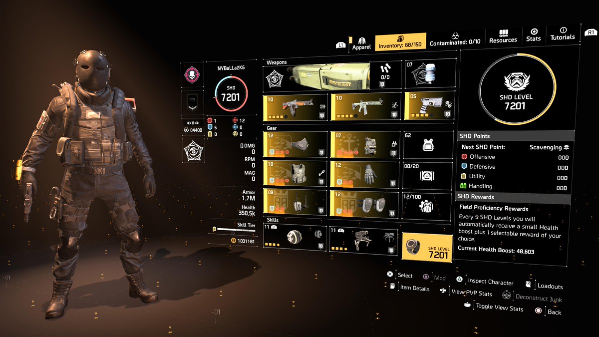 CasaBlanco87's tweet photo. With some help from some YouTube videos I threw this DZ build together. 90% pulse resistance is pretty good, but won't hesitate to go to 100% whenever I get my hands on a Pulse mod.
#CasaBlancoENT #TheDivision2 #DarkZone #PvPReady https://t.co/RUgGZ7iks2