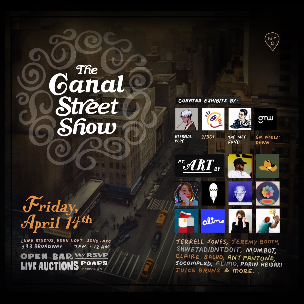 I'm beyond excited to announce our events for April, happening around NFT NYC!!  🗽

EF x EP Present:  The Canal Street Show 🚦 (Apr 14)

+  Efdot Open Studio Vol. 4 ✨ (Apr 15)
Details + RSVP below 👇