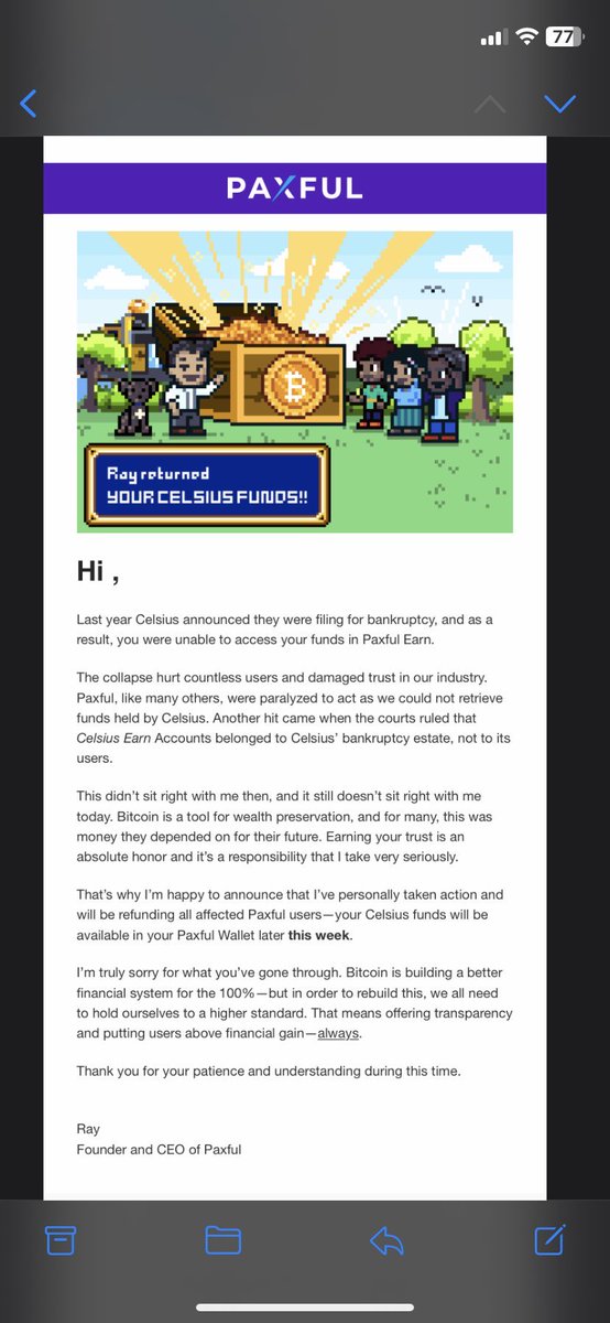 simplykashif's tweet photo. Just in: 

.@paxful is refunding all its users their 100% money who had lost their funds in celsius by using paxful earn program.

The founder @raypaxful is doing it personally. 

Industry needs more founders like him. 

This is the first such industry initiative. https://t.co/4U2hCUe9iv