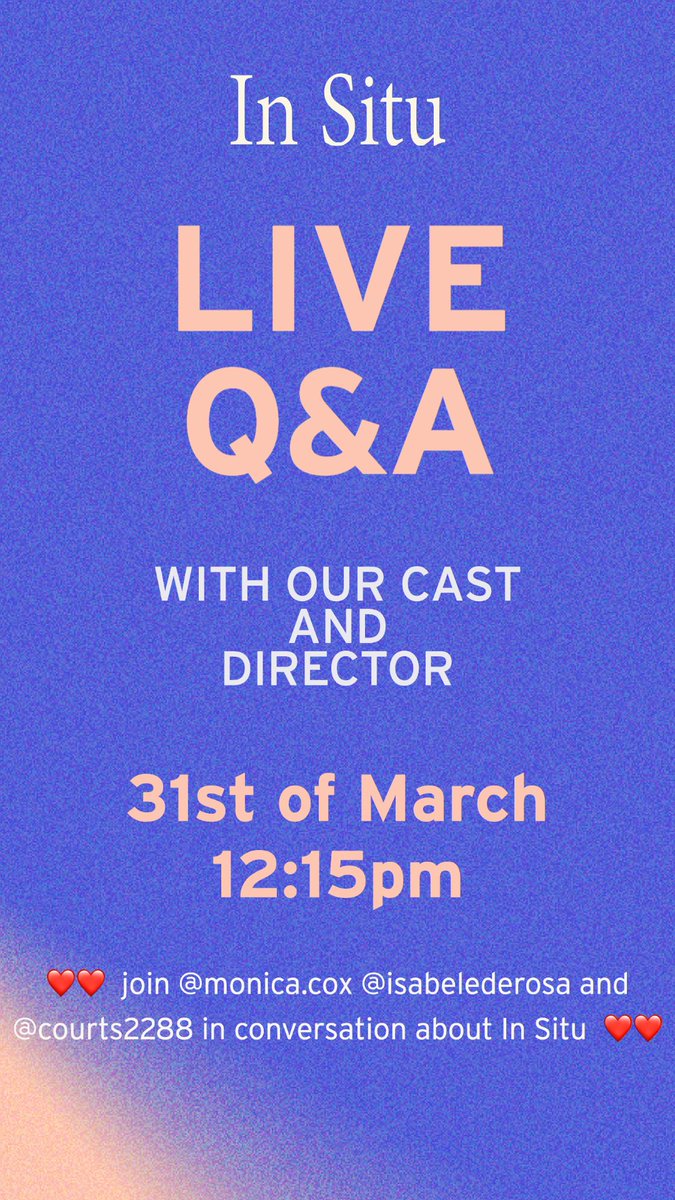 InSituShortFilm's tweet photo. Join us for a LIVE Q&A with our director @monicacox_com and cast @CourtneyBuchner & @IsabeleDerosa on our Instagram! https://t.co/7fzsBXcTUW
#LGBTQ #Kickstarter #QandA #indiefilm #film #queerart #shortfilm #Funding #womeninfilm #femalecast #femaledirector #kickstartercampaign https://t.co/hbwSfACDxQ