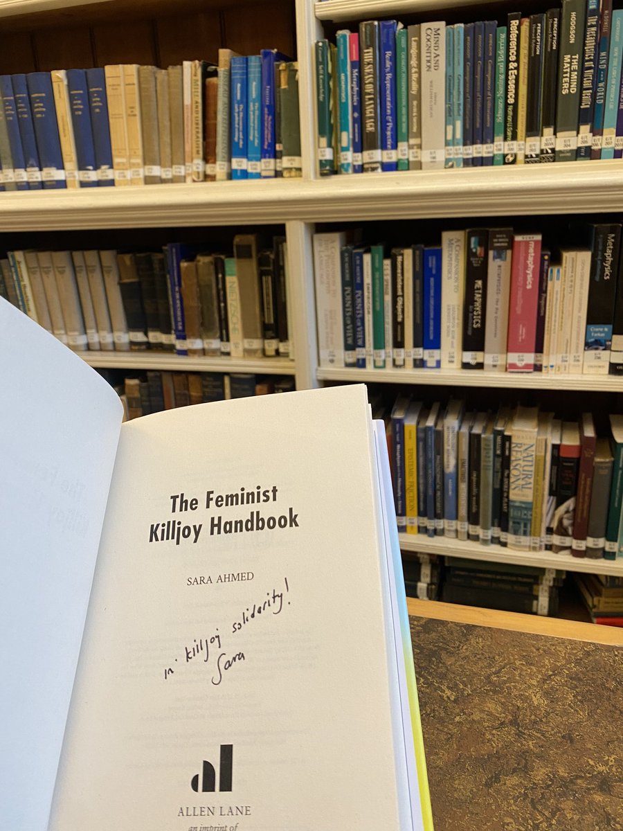 I was lucky enough to find a signed copy of @SaraNAhmed #TheFeministKilljoyHandbook at @Dauntbooks recently 📚 Thank you Sara for your brilliance, excited to get reading! #KilljoySolidarity ✨

📍@BNCLibrary