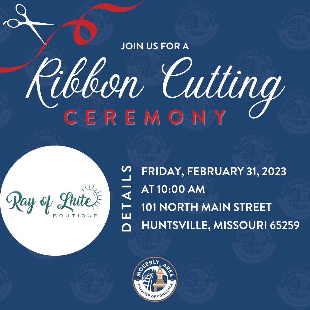 MoberlyChamber's tweet photo. Don't forget we are co-hosting a Ribbon Cutting at Ray of Lhite Boutique on Friday at 10:00am at 101 North Main Street in Huntsville.
#showmemoberly | #wechoosemoberly https://t.co/1n6qRO6VCp