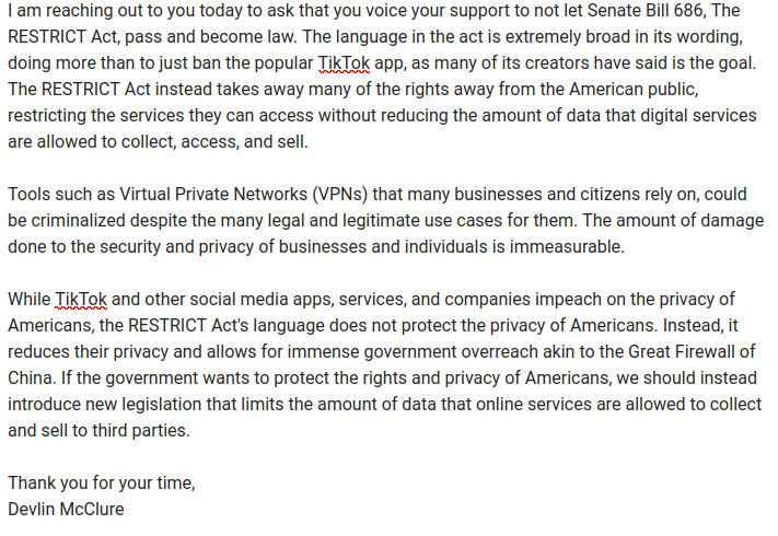 I am publicly calling for @SenatorBraun and <a href="/ToddYoungIN/">Todd Young</a> to not let Senate Bill 686, The RESTRICT Act, pass and become law.

Attached is a copy of the email I have sent to both about this massive privacy rights issue.