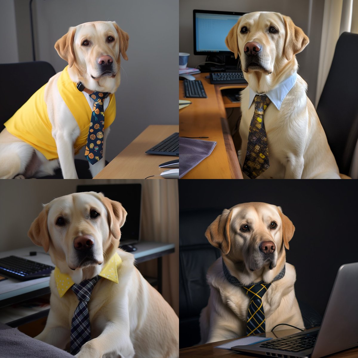 I find myself leaning on AI image generation simply to create images that make me smile. This is my series "Yellow Labs in loud ties."