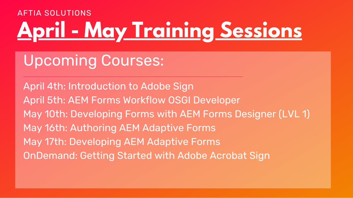 We have a wide variety of AEM Forms and Acrobat Sign courses coming up in April and May. Register your team and equip them with the knowledge to use these powerful tools.

Register here: lnkd.in/ddjSYrp

#AEM #Adobe #Acrobat #eSign