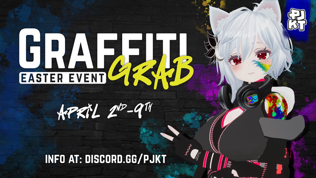 We are proud to announce our Easter event, Graffiti Grab! Starting April 2nd, grab some friends and hunt down Easter eggs in 7 worlds for a chance to be entered into a raffle for a grand prize!

More information can be found on our discord #Easter2023 #SocialVR #PJKT