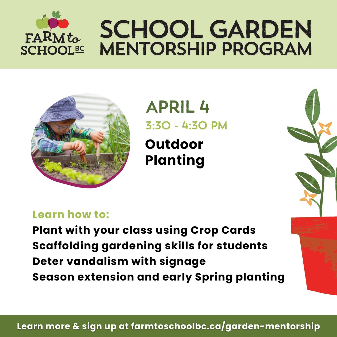 FarmtoSchoolBC's tweet photo. 🌱 April 4th - "Outdoor Planting." We will discuss how to plant with your class using crop cards, scaffolding gardening skills for students, deter vandalism with signage, season extension and early Spring planting.

https://t.co/rpQXCN34BD 🌱🌻🌼 #schoolgardens #education https://t.co/Y5Gw7KGhNS